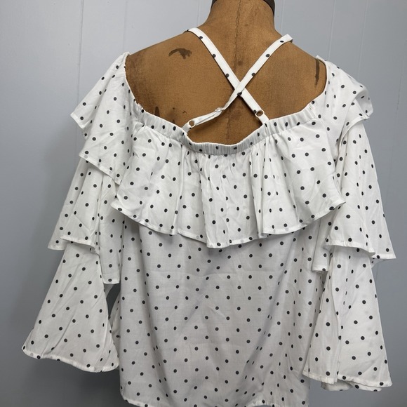 Express Top Womens Size M White Polka Dot Off The Shoulder Long Sleeve Boho - Picture 6 of 8